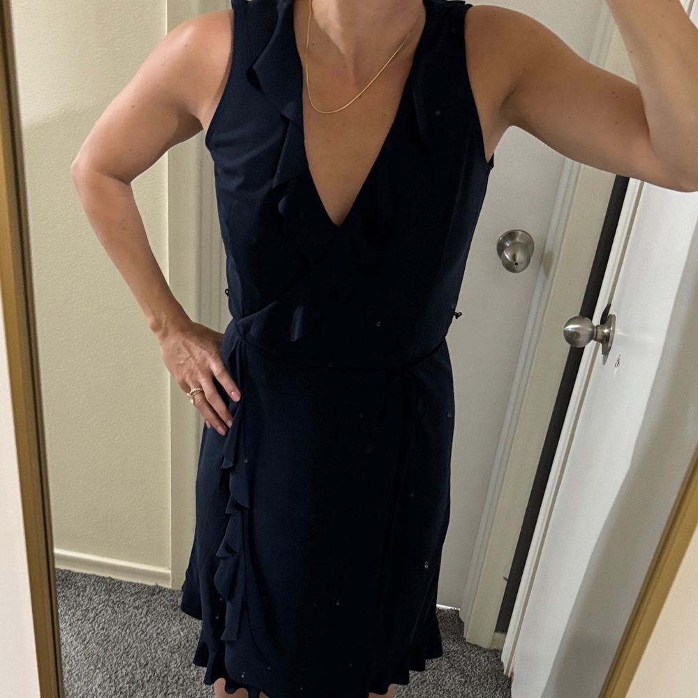 J. Crew Navy Sleeveless Ruffle Wrap Midi Dress